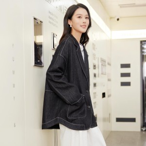 SG1185春装新款韩版中长款宽松慵懒风黑色牛仔西装外套女