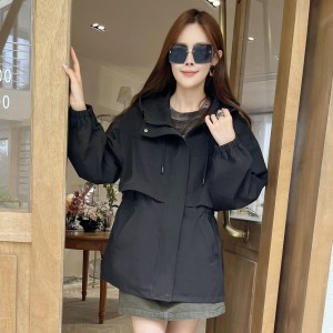 SG1223款2026秋季中长款韩版连帽松紧腰外套女春秋款经典黑色收腰风衣