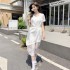 SG1191款2025夏季新款轻奢高级感中长款连衣裙女韩版系带收腰显瘦裙子（内衬下摆拼接设计，领口仿玉石装饰）
